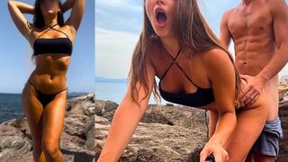 Híres influenszer (jegyes lány) popsiba kapja szardínia sziklái mögött